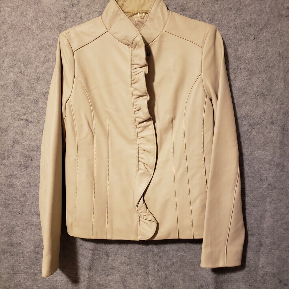 Vintage Michael Kors Jacket Women's Medium Lamb Leather Ivory Zip & Snap Ruffle